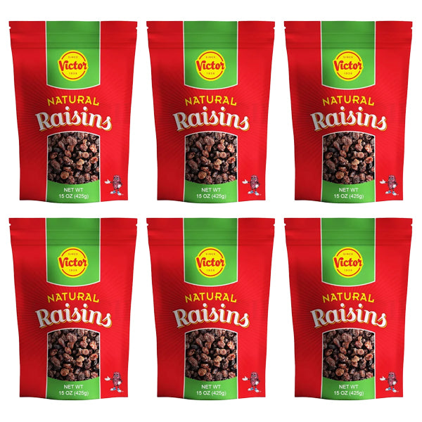 Six packs of Victor Natural California Raisins 15 oz, by Victor, are arranged in two rows of three against a white background.